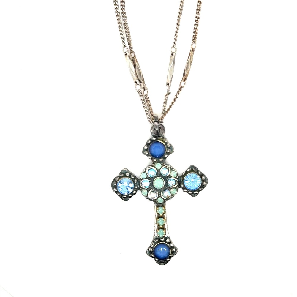 Mariana Blue Crystal Cross Pendant Necklace Antiqued Silver Tone 15-19"
